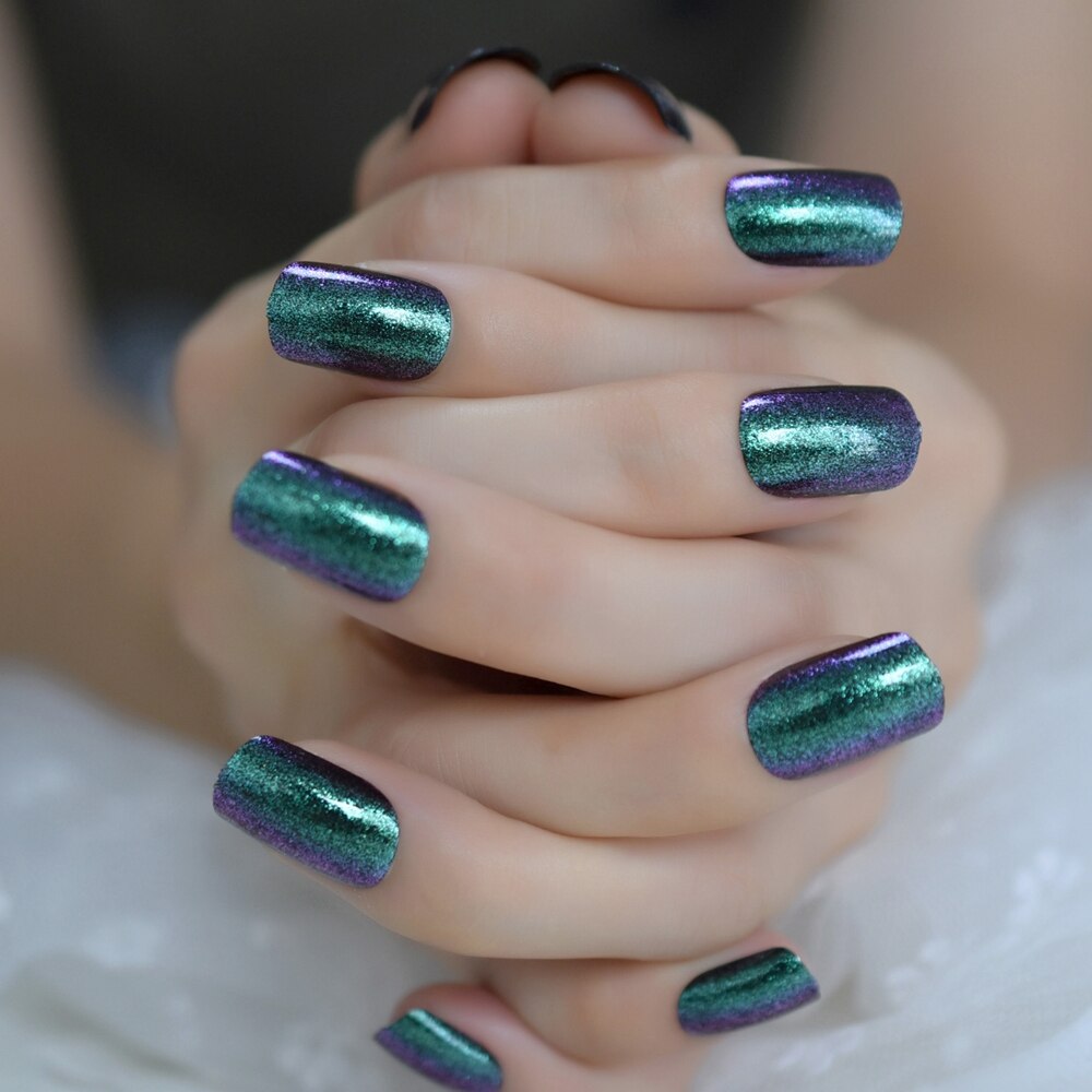 Vierkante Kameleon Medium Nagels Aurora SeaGreen Paars Glitter Ontworpen Nep Nagels Symfonie Kunstmatige Volledige Cover Nail Tips