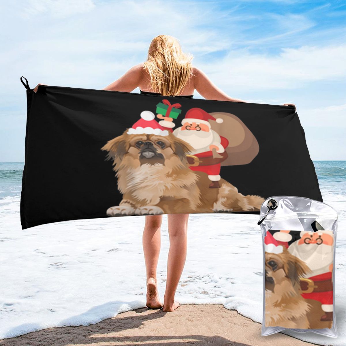 Top Santa Rijden Pekinees Kerst Pyjama Jongen Klassieke Geïnteresseerd Westerse Stijl Ontwerpen Strand Badhanddoek: 140 x 70cm