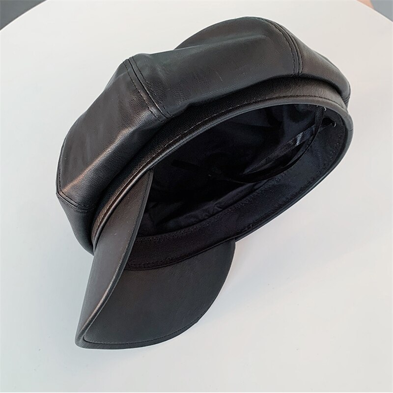 Gorro de cuero para mujer, gorro de otoño e invierno para hombre, boina para mujer, boina negra a la para mujer, boina clásica