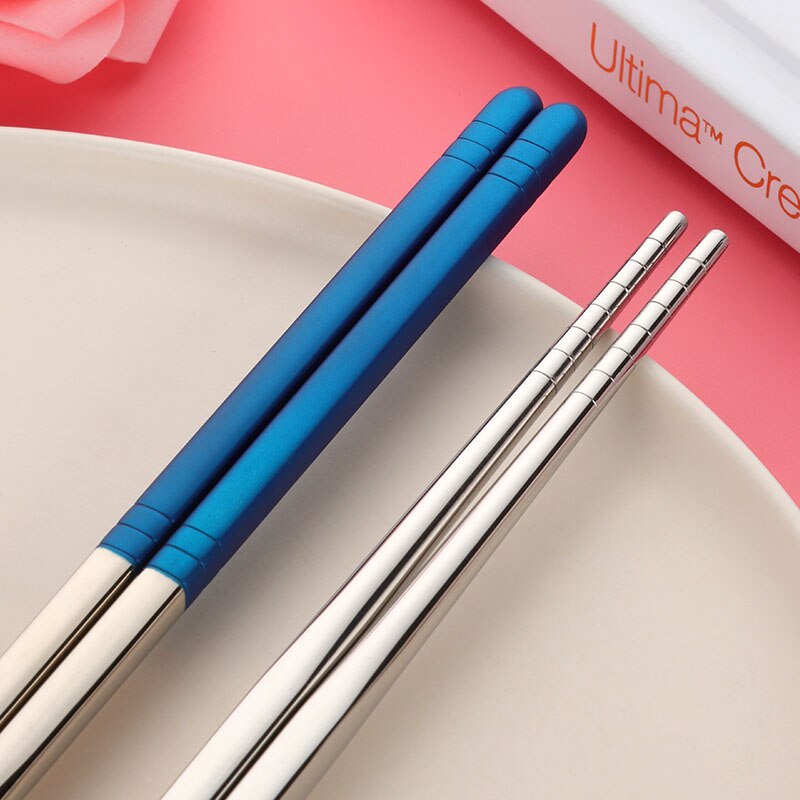 Palillos chinos de acero inoxidable, vajilla de cocina de acero, palillos chinos reutilizables para Sushi, 1 par: Blue-1pair