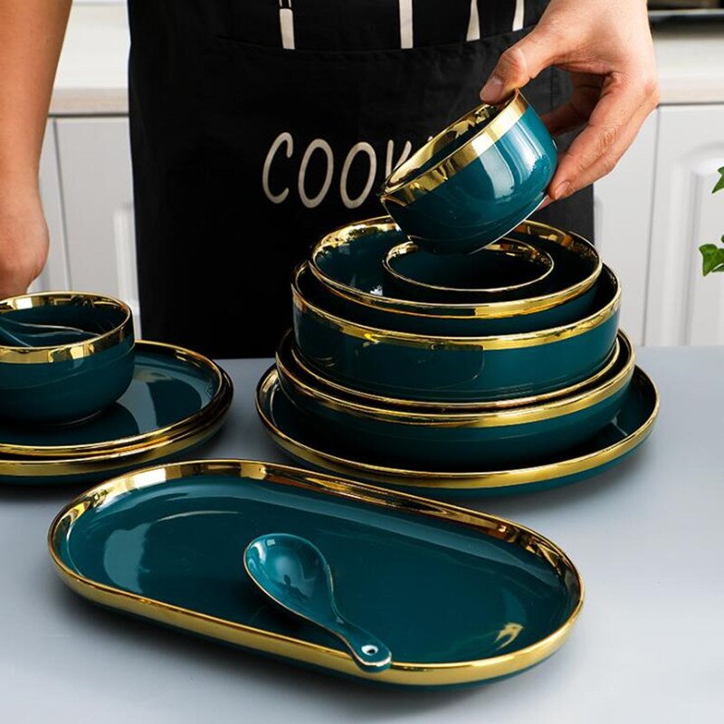 1pcs High Grade Green With Gold Lnlay Plates Steak Food Tray Nordic Ceramic Dinner Dish Salad Bowl Spoon Porcelain Dinnerware