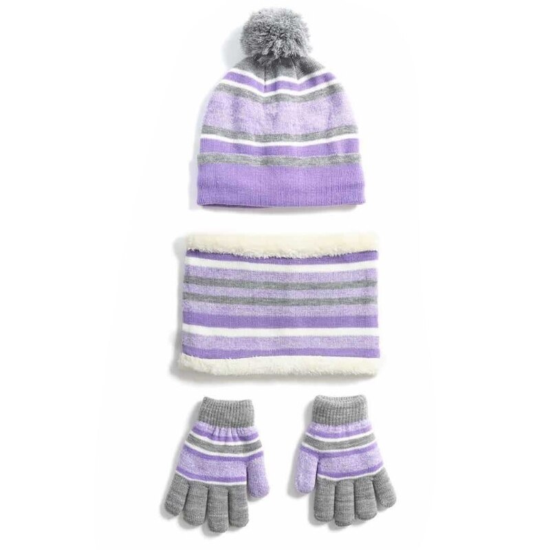 Bonnet, chapeau, écharpe, gants, ensemble de 3 pièces, tricot d'hiver pour enfants, couleur contrastée, rayé, peluche épaisse doublée, pompon, tête de mort: LP