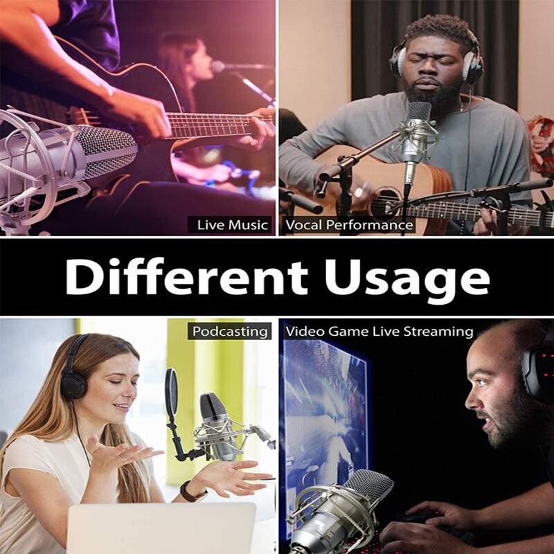 Cardioid Condenser Microphone XLR, (Noise Deduction) 360 Degree Uni-Directional Voice Recording with Mount &amp; Windscreen for PC,