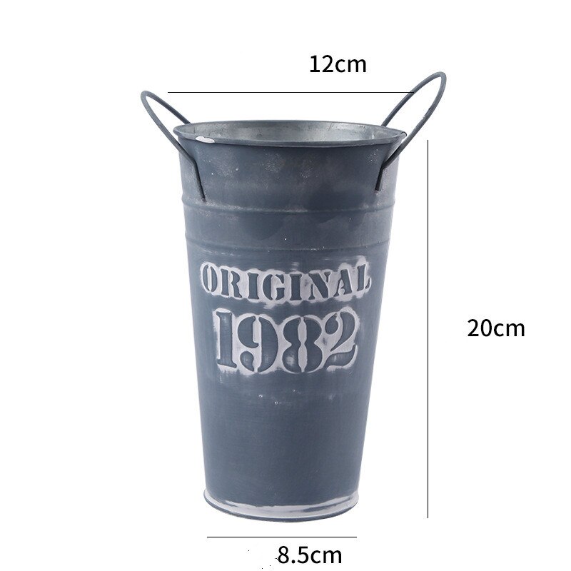 Retro White Flower Bucket Metal Flower Pot Floral Plants Iron Storage Container Garden Home Tabletop Decoration: grey 12 x 20cm