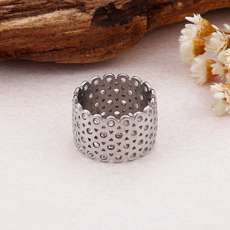 Hollow Ring with Zirconia Stone Silver Gold Color Stainless Steel Wedding Ring for Women 12mm Width Luxury Party Ring