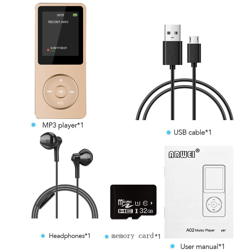 Reproductor MP3 con altavoz incorporado, 8GB, 16GB, Mini Walkman portátil de Metal HiFi con Radio FM y grabación Fiio: golden mp3 / 32 GB