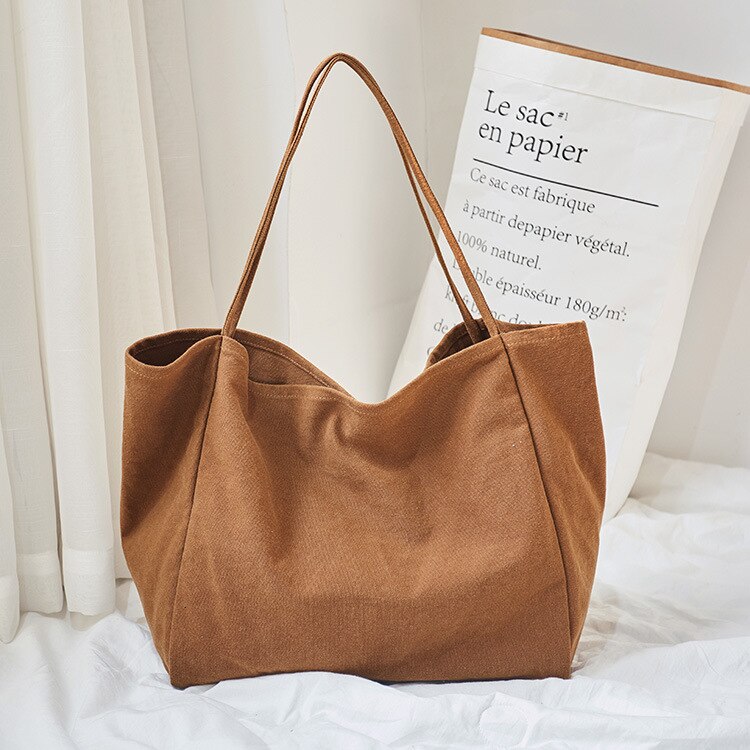 Sac de Shopping en toile réutilisable pour femmes, fourre-tout Extra-Large, sac d'épicerie , sacs à bandoulière pour jeunes filles: Brown