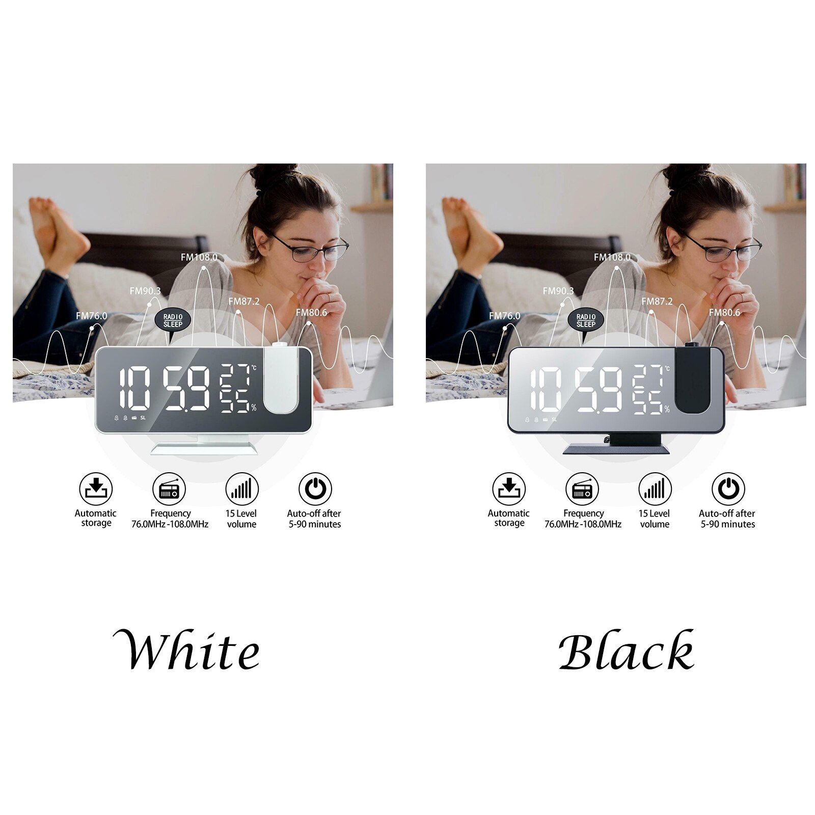Reloj con alarma Digital LED WXV, reloj con pantalla de temperatura y humedad para proyectar Radio