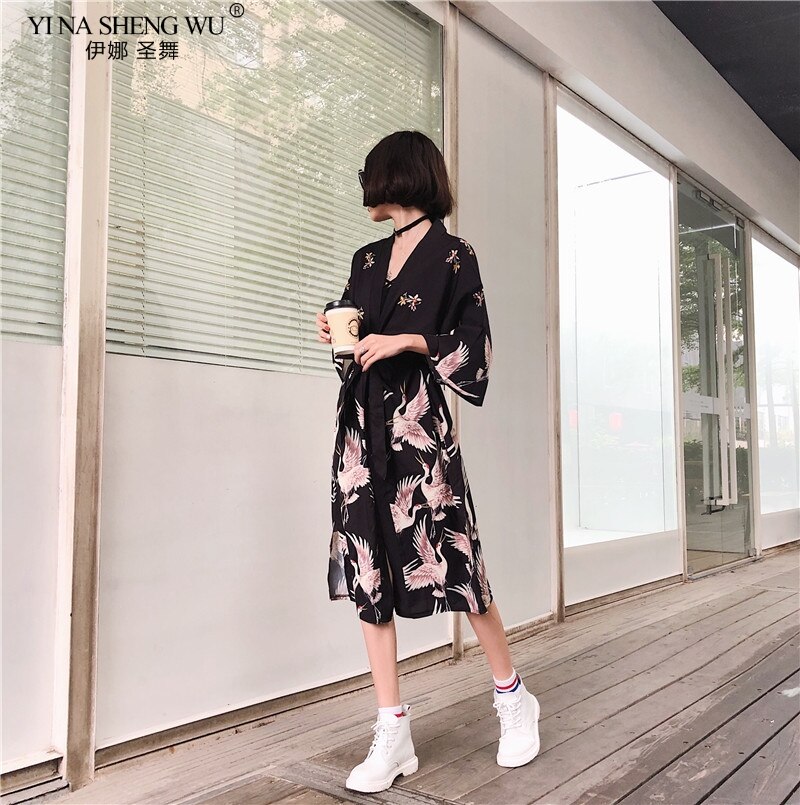 Kimono japonés de tipo Yukata Kimono Cardigan blusa de mujeres de manga larga Cardigan Haori Kimonos tradicionales cinturón de vestido largo