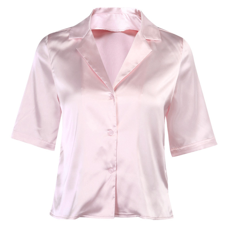 Nclagen sateng kontor dameknapp bluse kortermet hakk krage silke myke bluser dame sommer fritidsskjorte: Rosa / S