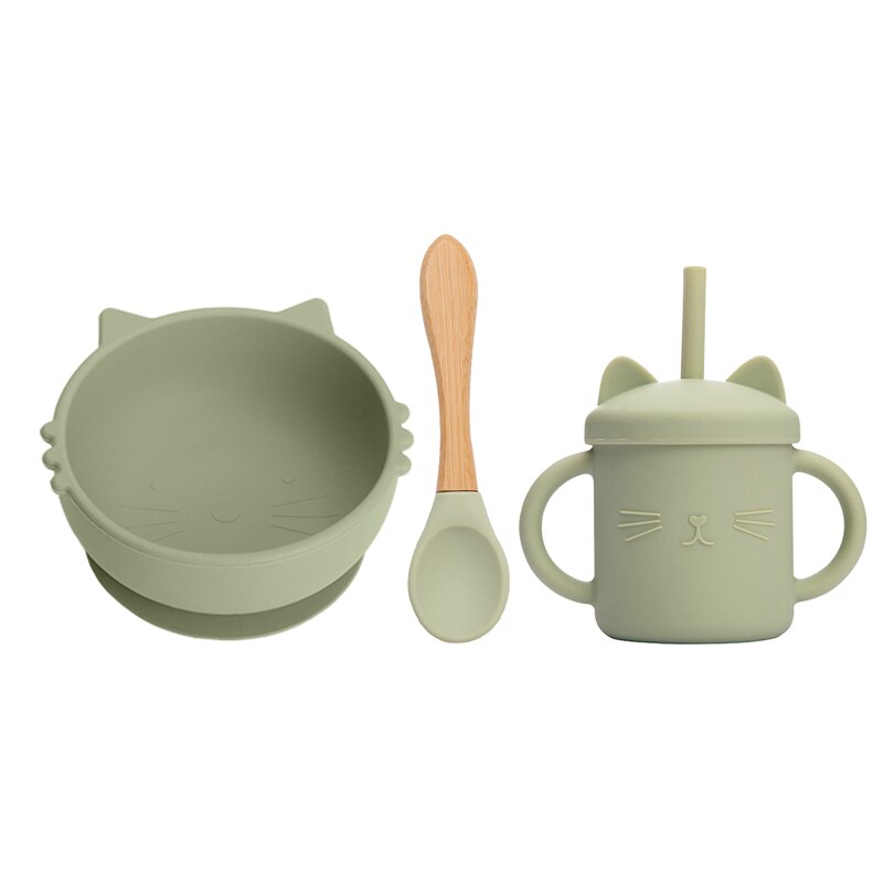 Siliconen Babyvoeding Servies 3 Stks/set Siliconen Zuignap Cup Kat Strokop Kinderen Antislip Keuken Benodigdheden Bpa gratis: 3PCS Bean green