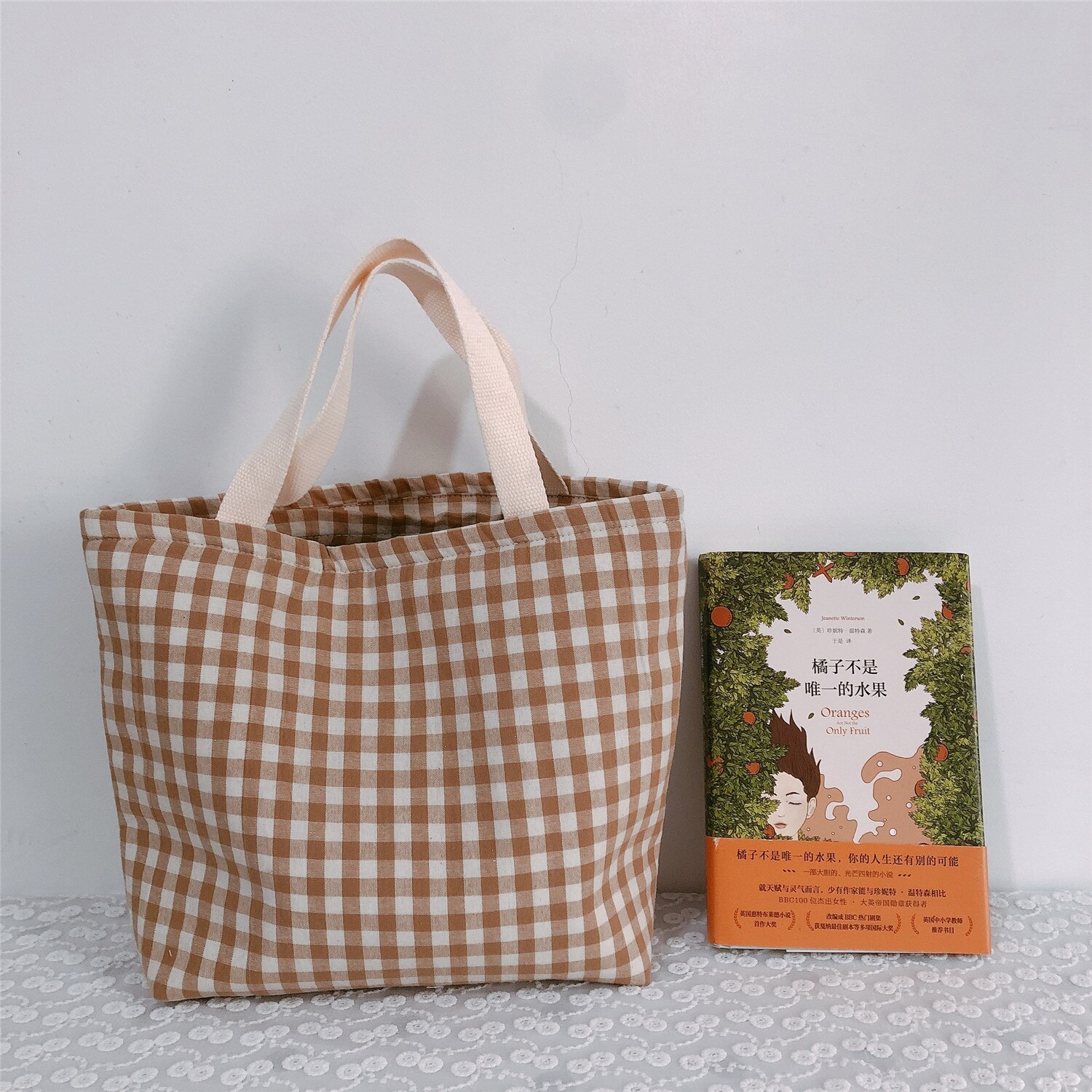 Saco de zíper de frutas almoço de pano portátil tote simples verificação pliad engrossado comida piquenique viagem conveniente almoço sacos para mulher: Khaki