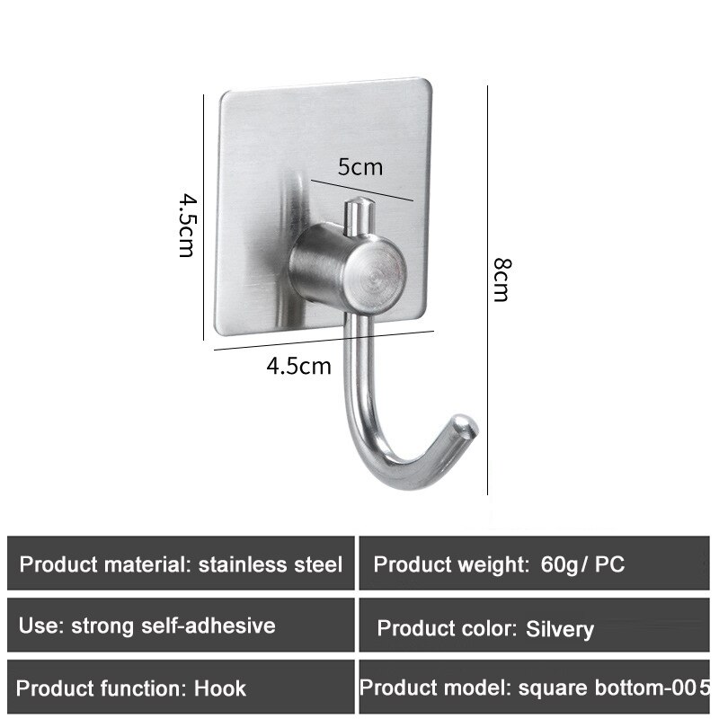 1PC SUS304 Robe Hooks Strong Self Adhesive Bathroom Stainless Steel Hook Wall Hangers Coat Towel Rustproof Hooks Kitchen Hardwar: Square Silver 005