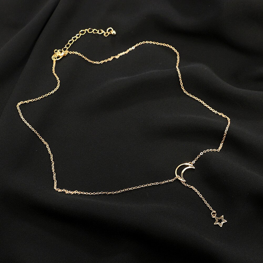 Vintage simples pingente de cristal colar feminino cor de ouro contas lua estrela chifre crescente gargantilha colares jóias novo presente