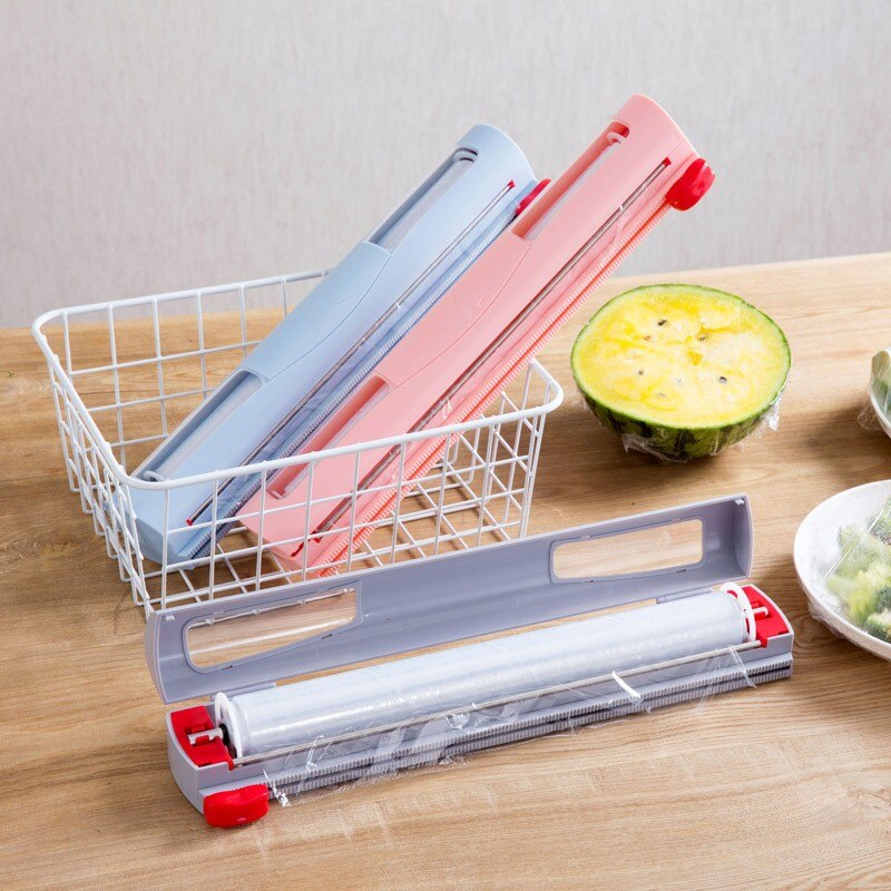 Plastic Food Wrap Dispenser with Slide Cutter Adjustable Cling Film Cutter Preservation Wall-Mounted Storage Box with Suction