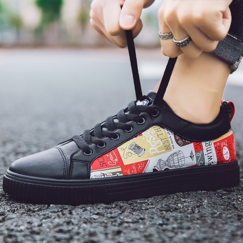 Forår mænd fritidssko gul læder sneakers graffiti flade skridsikre slidbestandige snørebånd åndbare sorte herresko