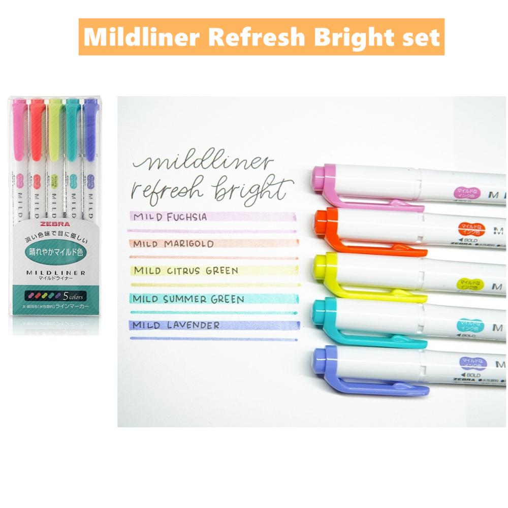 Zebra Mildliner Double Ended Highlighter Pen Set, WKT7 Mild Liner Chisel Marker Fluorescent color Lettering Drawing Paint F6506: Refresh bright