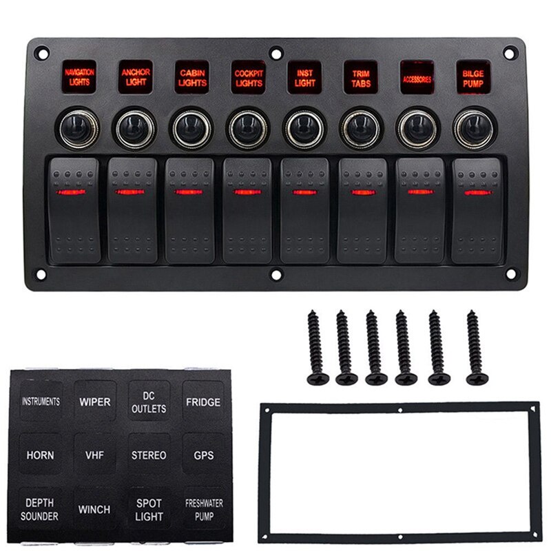 Boat Car Marine Rocker Switch Panel 8 Gang 3PIN &amp; Circuit Breaker Overload Protection Waterproof LED Switch Panel