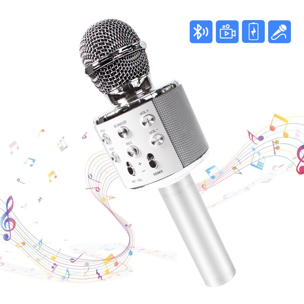 Ws858 Upgrade Karaoke Microfoon Led Verlichting Muziek Microfono Draadloze Microfoon Voor Familie Ktv Draagbare Zingen Mike: Silver