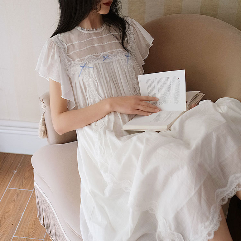 Viktorianischen Baumwolle Nacht Kleid Frauen Spitze Peignoir Romantische Jahrgang Lange Nachthemden Prinzessin Nachtwäsche Süße Nachthemd Startseite Tragen