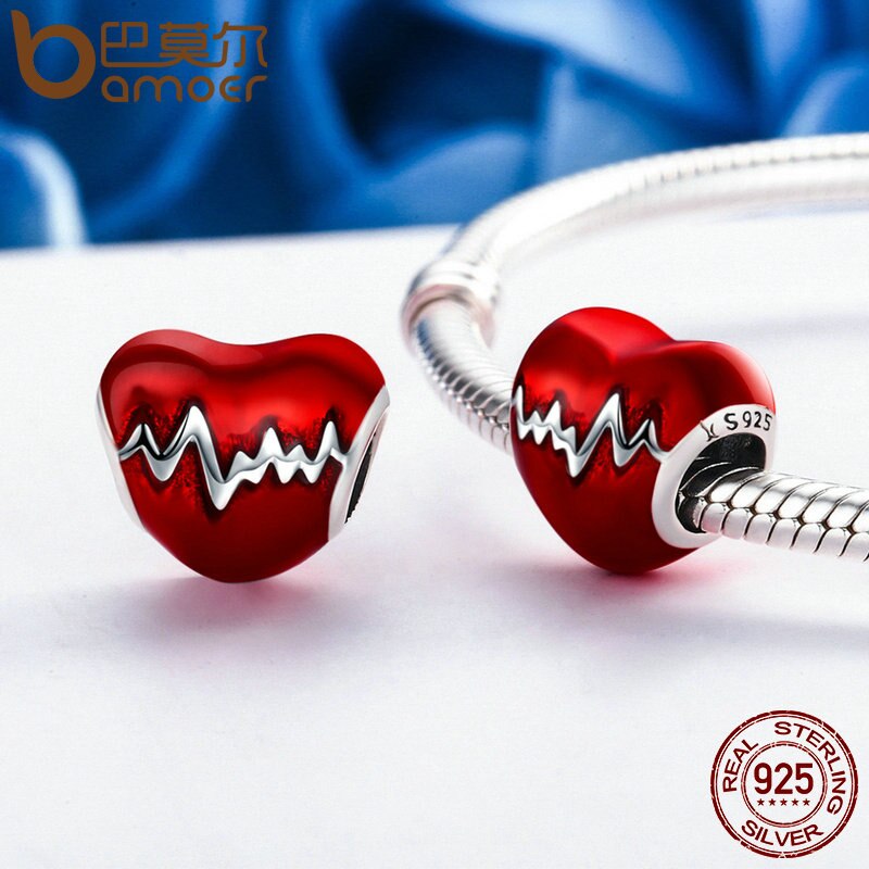 BAMOER 100% 925 Sterling Silver Love Heart ECG &amp; Red Enamel Beads fit Charm Bracelets for Women Jewelry SCC249