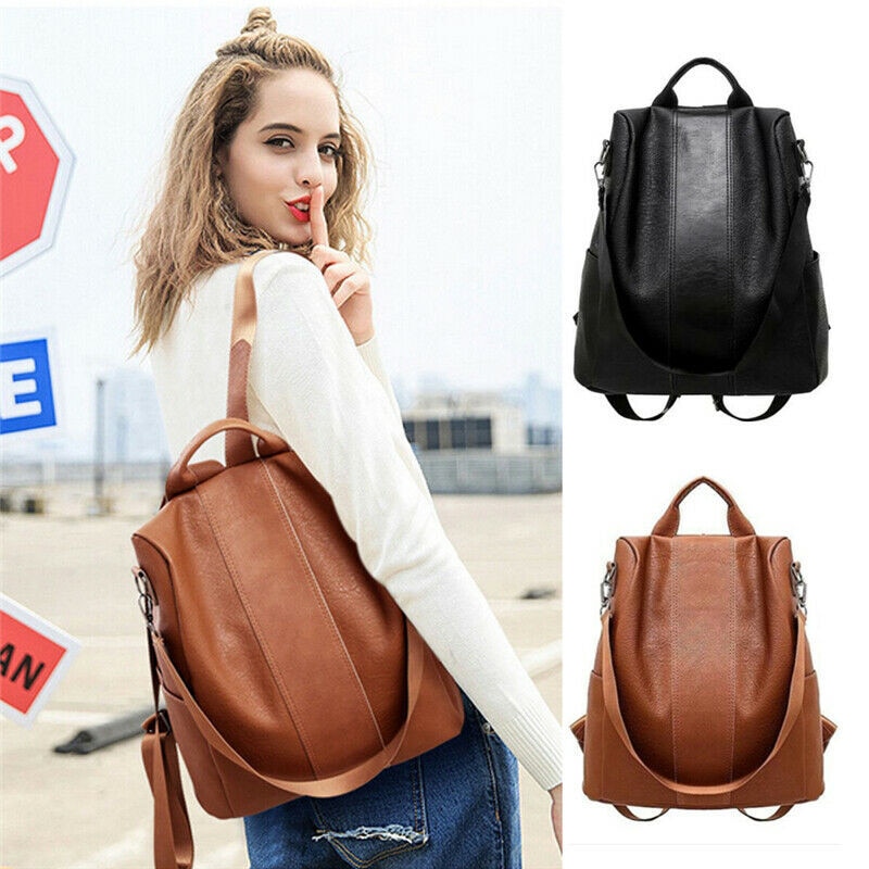 Frauen Leder Rucksack Anti-Diebstahl Rucksack Schule Schulter Tasche Schwarz/Braun