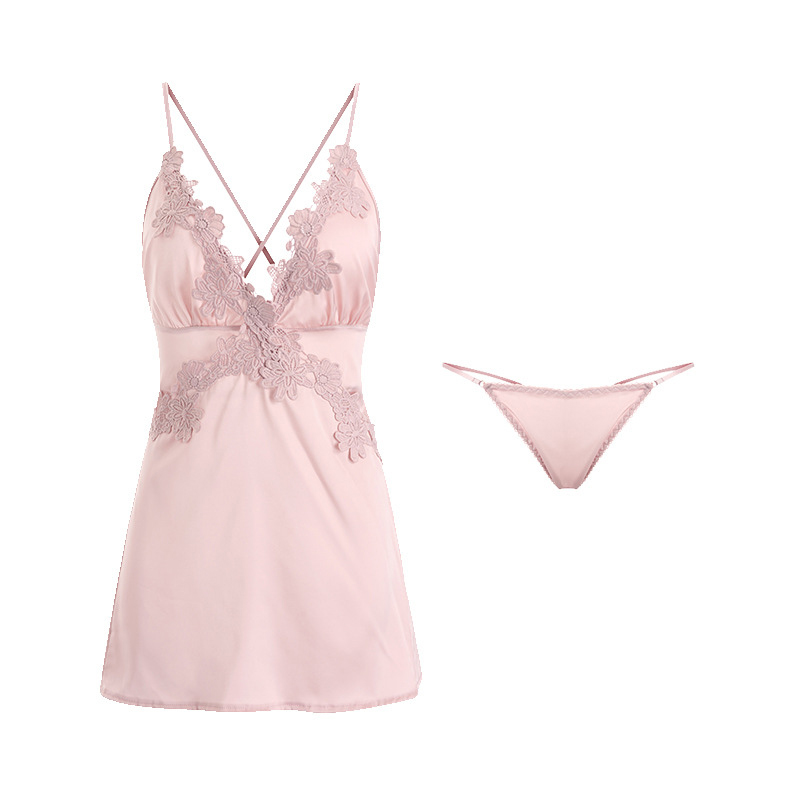 Meet'r satijnen nachtkleding voor dames, sexy nachtjurk met borduurwerk, open rug, v-hals pyjama met string, nachthemd met bandjes, nachtkleding voor thuis.