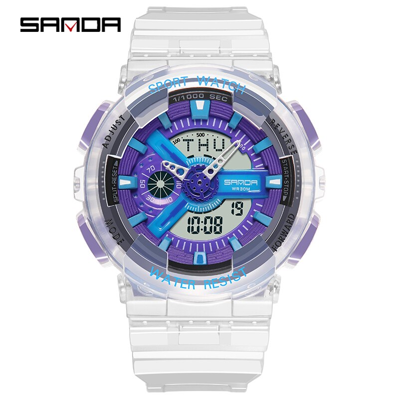 SANDA montre hommes et femmes montres transparentes étanche multi-fonction lumineux sport Double affichage Couple montre électronique: Blue