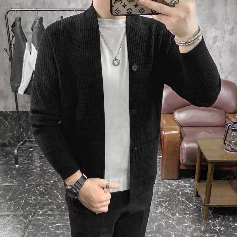 cardigan menn genser klær høst strikk knapp dekor koreansk menn genser frontlomme uformell herre cardigan
