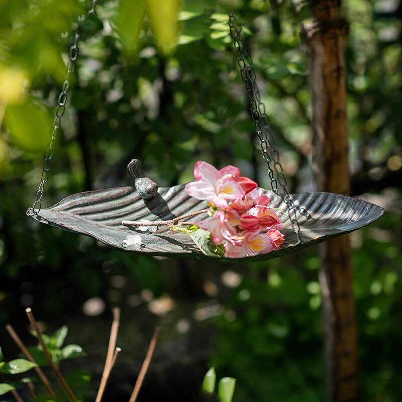 Fer forgé rétro suspendu oiseau feuille plateau étagère fleur support suspendu panier tenture murale stockage mangeoire pour oiseaux