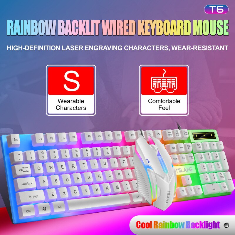 USB Wired Gaming Colorful Luminous Backlit Keyboard and Mouse Set Backlit Keyboard and Mouse Kit for Home Office Gamer Computer
