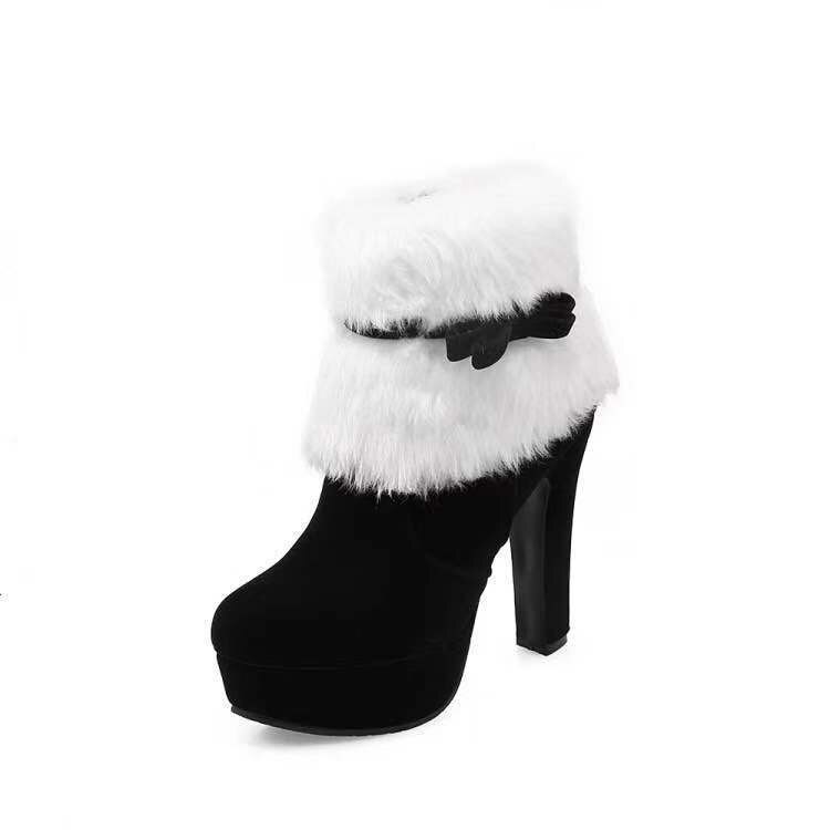 Femmes bottines noël talons hauts plate-forme chaussures Femme hiver fourrure bottes courtes rouge noir dames chaussures de fête grande taille: Black / 43