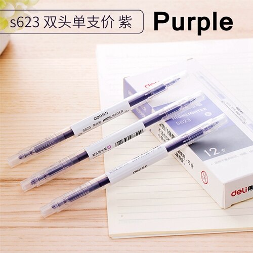 12PCS/BOX Deli S623 Double side Highlighters pen marker pen 6 colors Oblique & Round head double side highligters office school: Purple