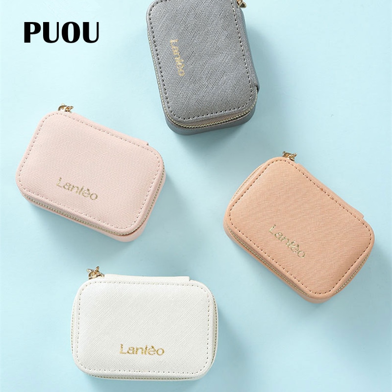PUOU estuche portátil de cuero para espejo cosmético Mini bolso para mujer, bolsa de maquillaje para lápiz labial, bolsa para guardar joyas, bolsa para lápiz labial