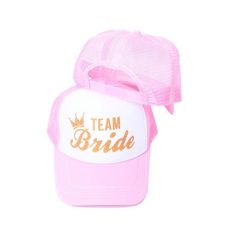 Bryllupsfest brud mesh snapback rosa lue cap wedding club gull brev trykt team brud baseball lue sommer trucker cap bein