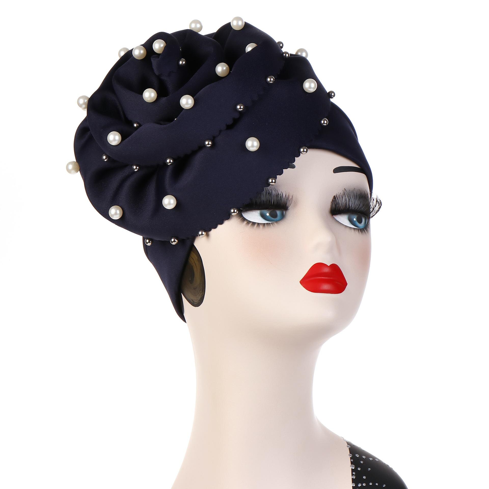 Bonnet indien fleur pour femmes musulmanes | Bonnet perte de cheveux, couvre-tête perlé Turban Cancer, mancherons, chapeaux islamiques pour femmes,: 06 Navy Blue