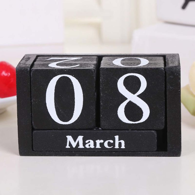 Vintage houten eeuwigdurende kalender met blokken, maand en datum, bureauaccessoires, fotografie-accessoires, decoratie voor thuiskantoor