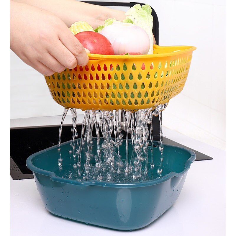 Cestello di scarico doppio da cucina colino di lavaggio per frutta e verdura cestello di stoccaggio in plastica colino di pulizia