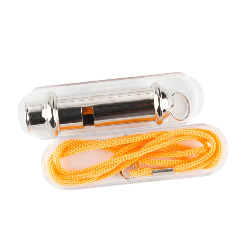 Con cadena para el cuello, silbato de Metal, cordón amarillo de acero inoxidable, silbato de policía, silbato para exteriores de alta frecuencia