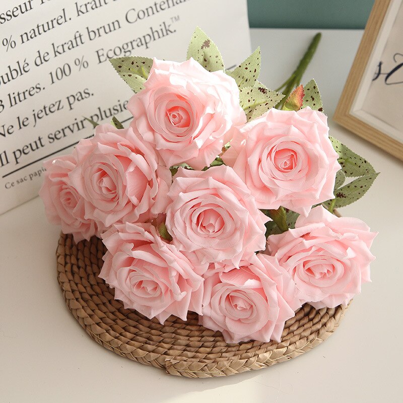 Silk Pink Rose Bouquet Artificial Roses Wedding Bride with Flower Home Living Room Bedroom Garden Flower Arrangement Decoration