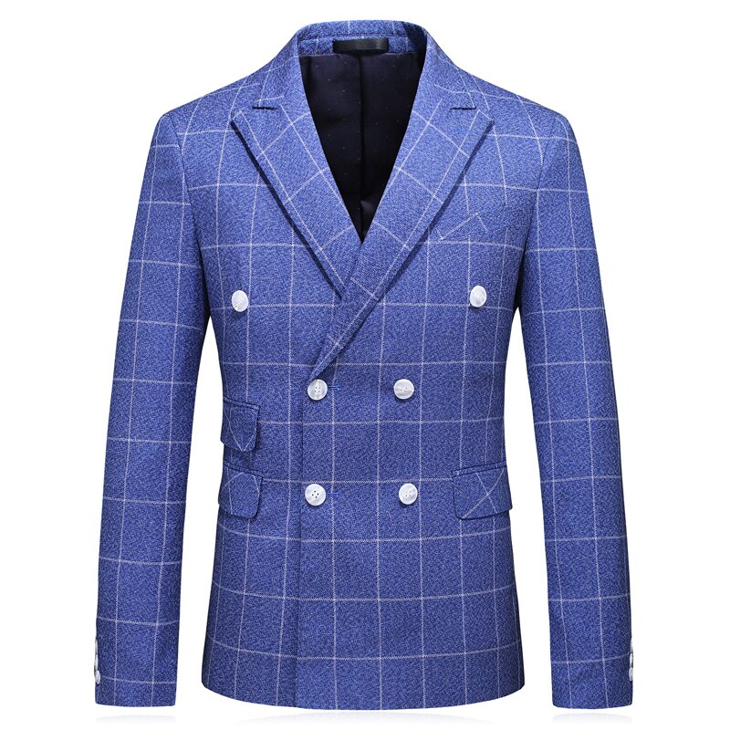 PYJTRL Brand England Style Blue Plaid Double-breasted Gentlemen Suit Jacket Wedding Groom Tuxedos Business Casual Slim Blazer: US size 2XL 46R