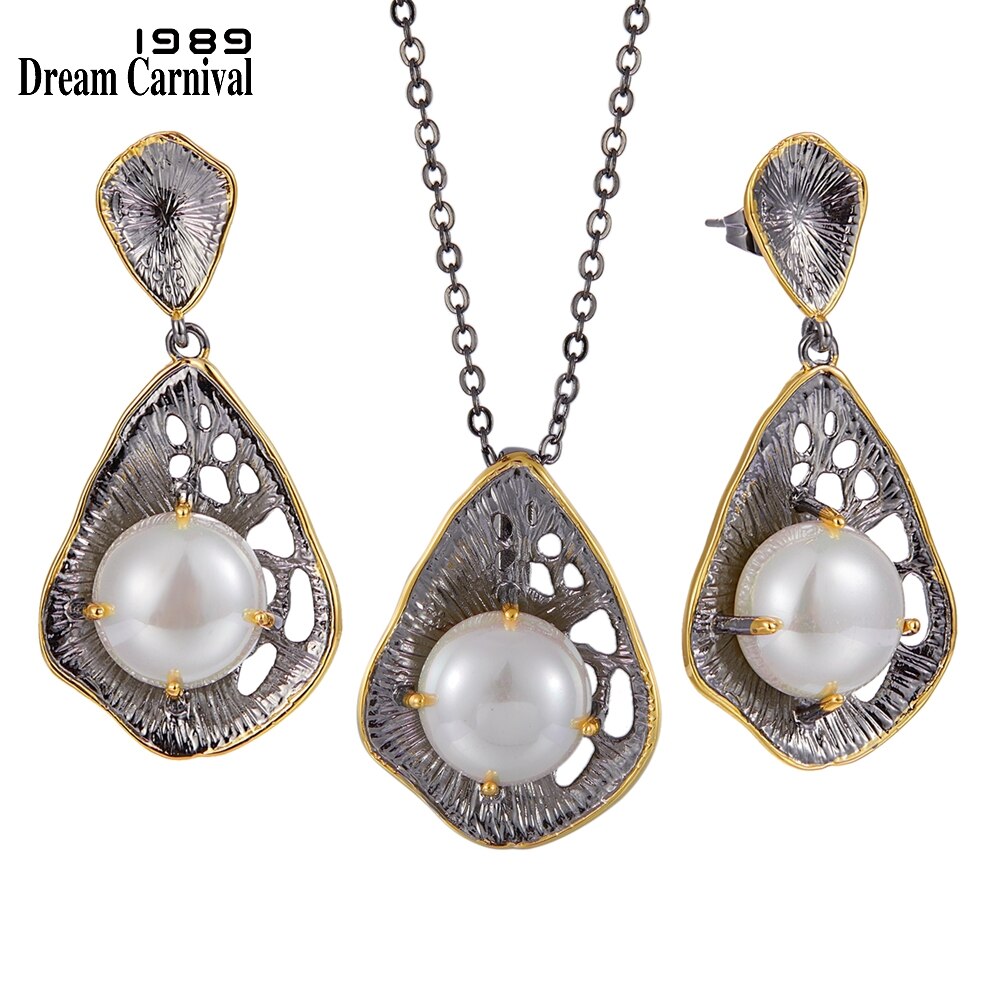 Dreamcarnival1989 Feminine Necklace & Earrings Set for Women Gothic Pearl on Leaves Party Must Have Jewelry EP3982S2