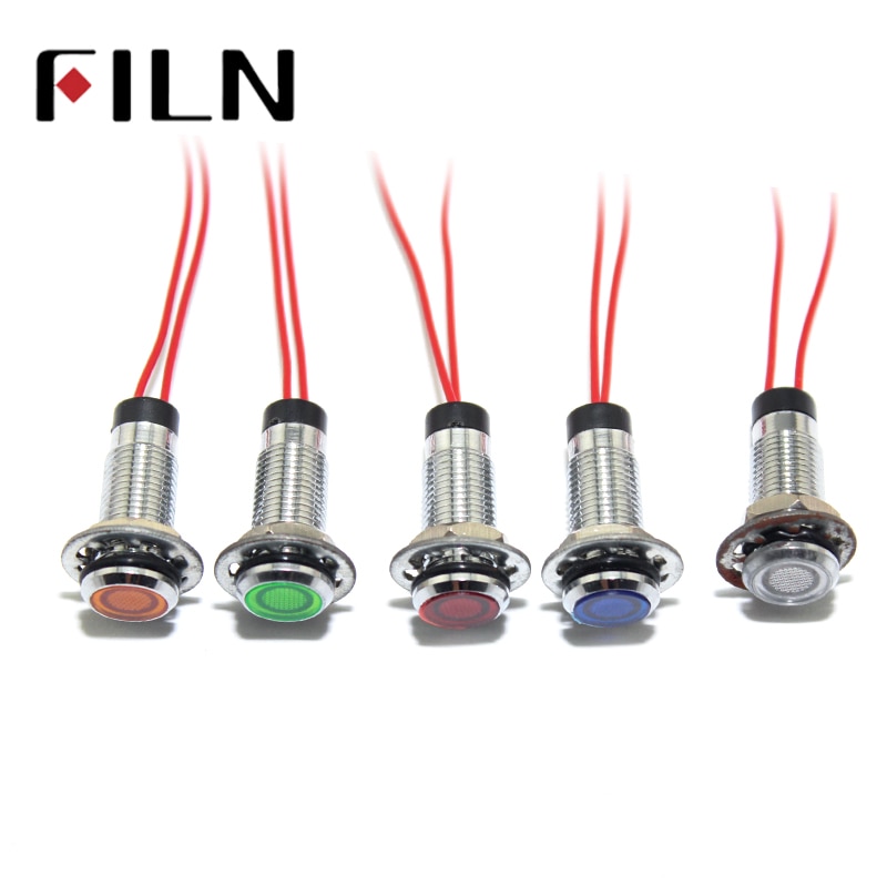 FILN 8mm panel red yellow blue green white 12v 110v 24v 220v led metal pilot lamp with 20cm cable