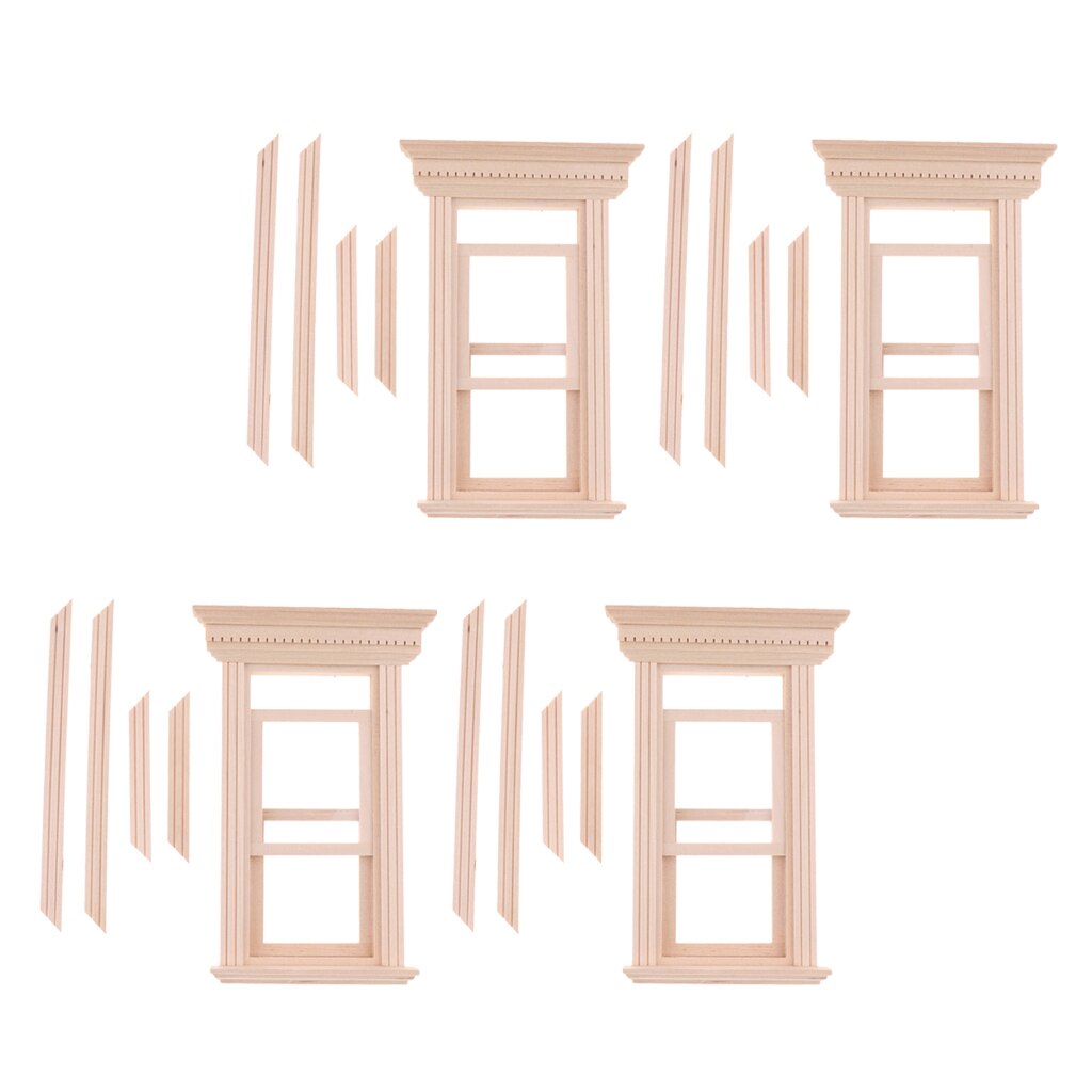 4 Set Dollhouse Furniture Wooden Unpainted 1 12 Scale Movable Sash Window Model (with Frame Parts), Room Garden DIY Decoration