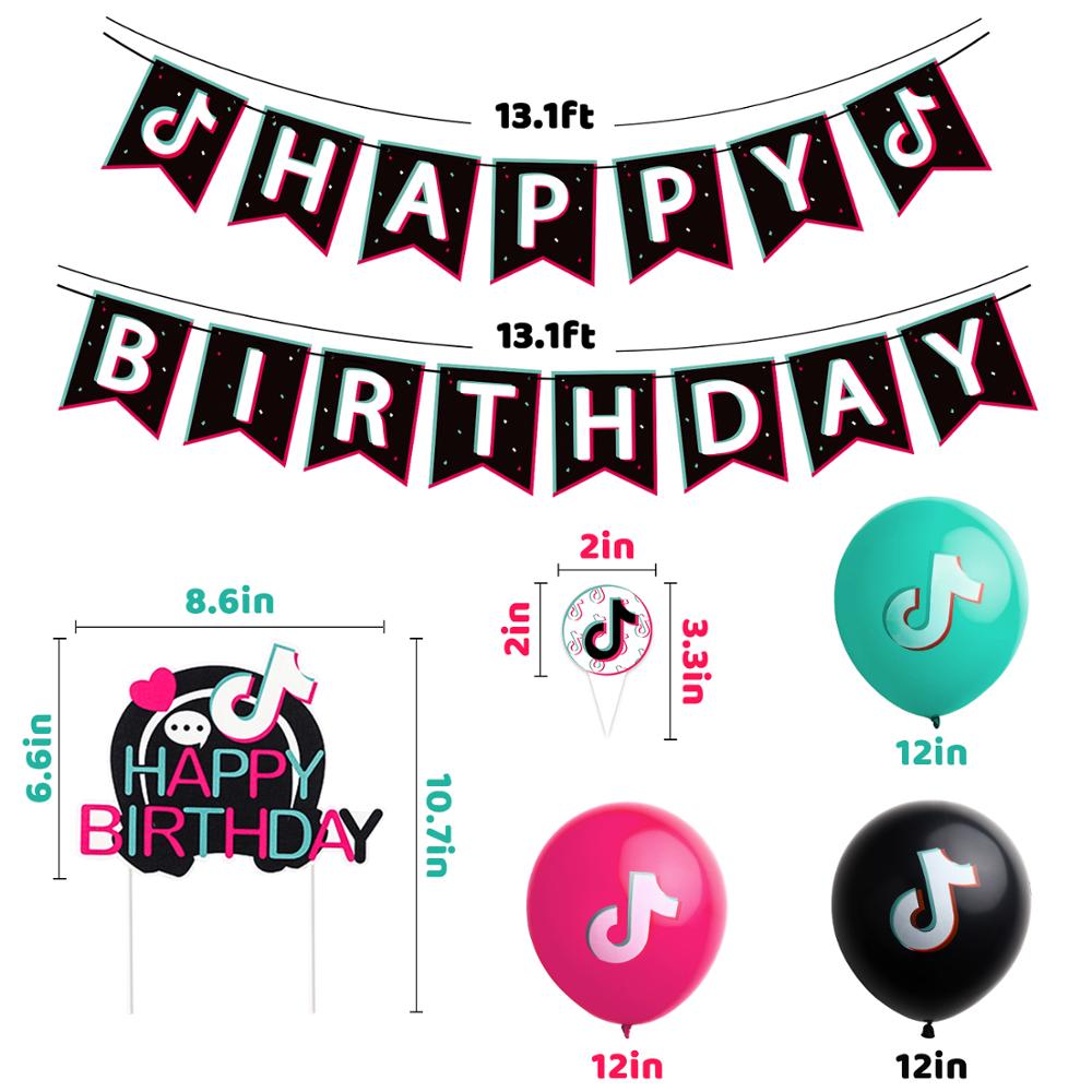 56Pcs Party Decoration TIK Themed TOK Birthday Printing Banner Balloon Cake Topper Music Sign Flags Toppers Decor Video for Fans