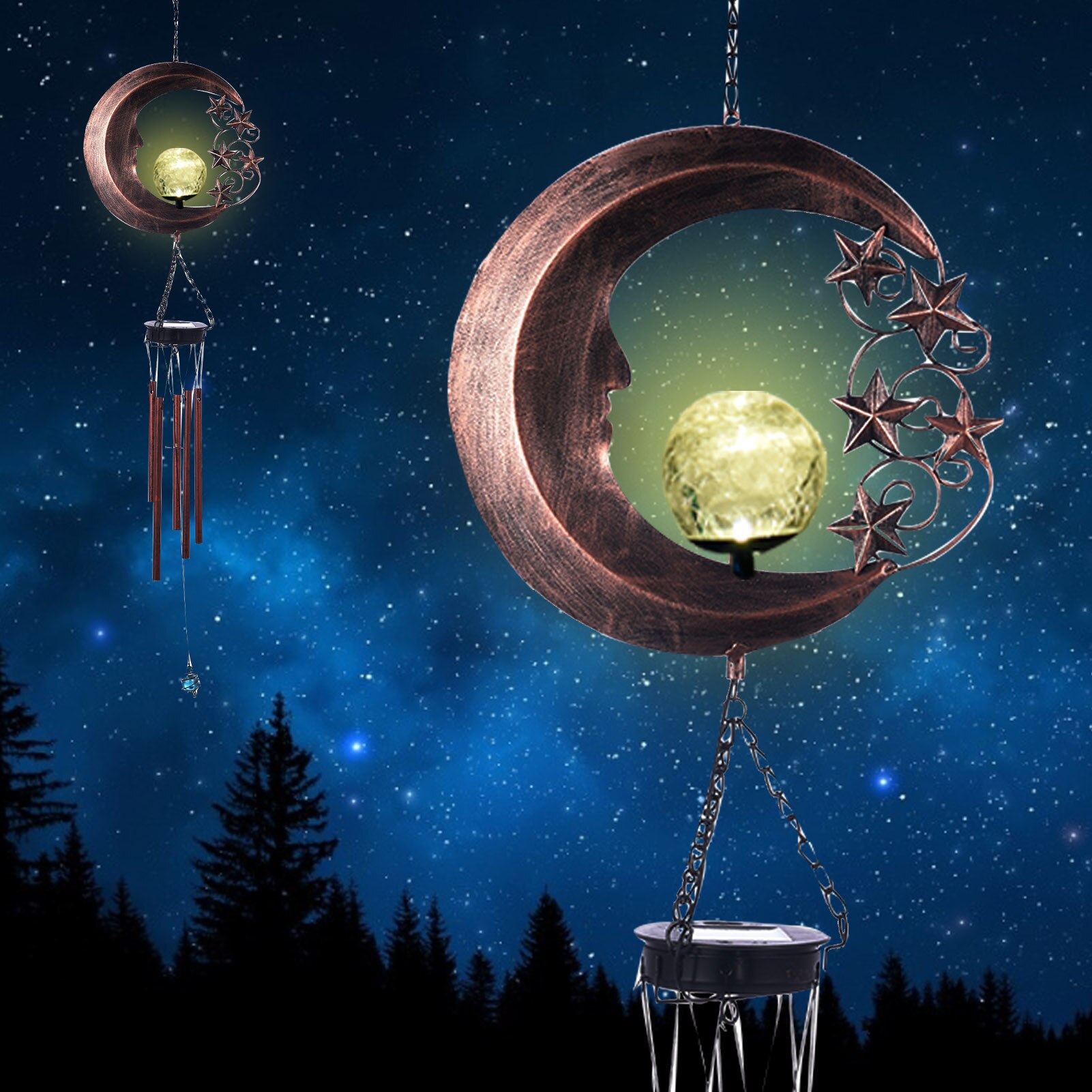 Solar Power Wind Chime Crystal Ball Moon Star Decor Landscape Light Waterproof Outdoor Windchime Light For Patio Yard Garde