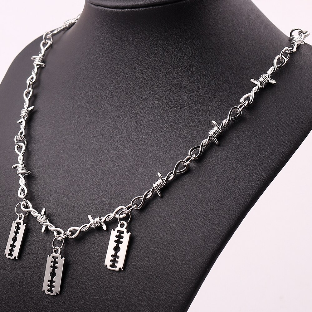 1 Set Men's Punk Gothic Necklaces&Bracelets Set Alloy Barbed Wire Brambles Necklace&Bracelet Jewelry Hip-pop Choker&Bangle: Three Blade