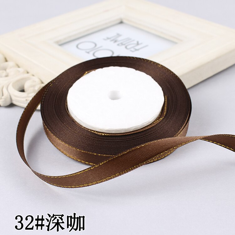 3/8" 10mm 25yards Gold Edges Satin Ribbon Wedding Happy Birthday Box Packaging Decorations DIY Craft Bow: Dark Brown