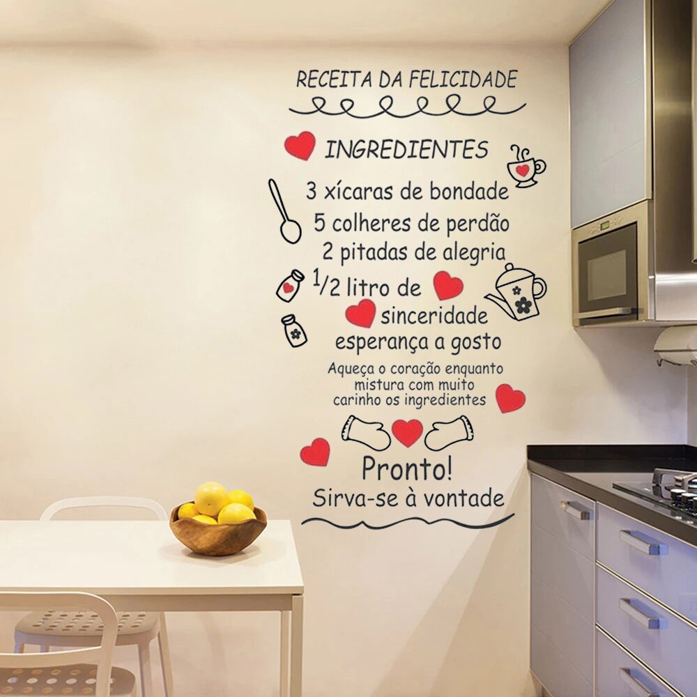 Receita Da Felicidade Portuguese Quotes Wall Stickers Removable Vinyl Murals Kitchen Restaurant Home Decor Decals Poster RU2168