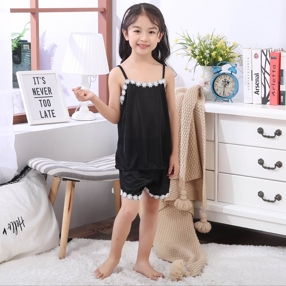 Summer Girl&#39;s Satin Pajamas 2 to 3 4 5 6 7 8 9 10 11 12 Years Baby Girl Camisole+Shorts Silk Sleepwear Set Red Kids Home Clothes